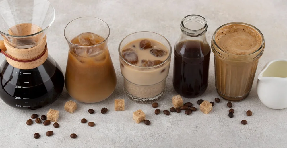 various cold brew coffees next to each other on counter