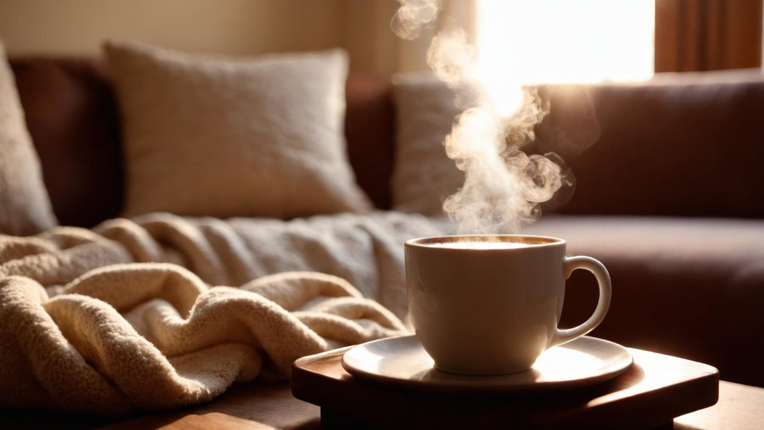 hot coffee with rising steam on a cozy coffee table